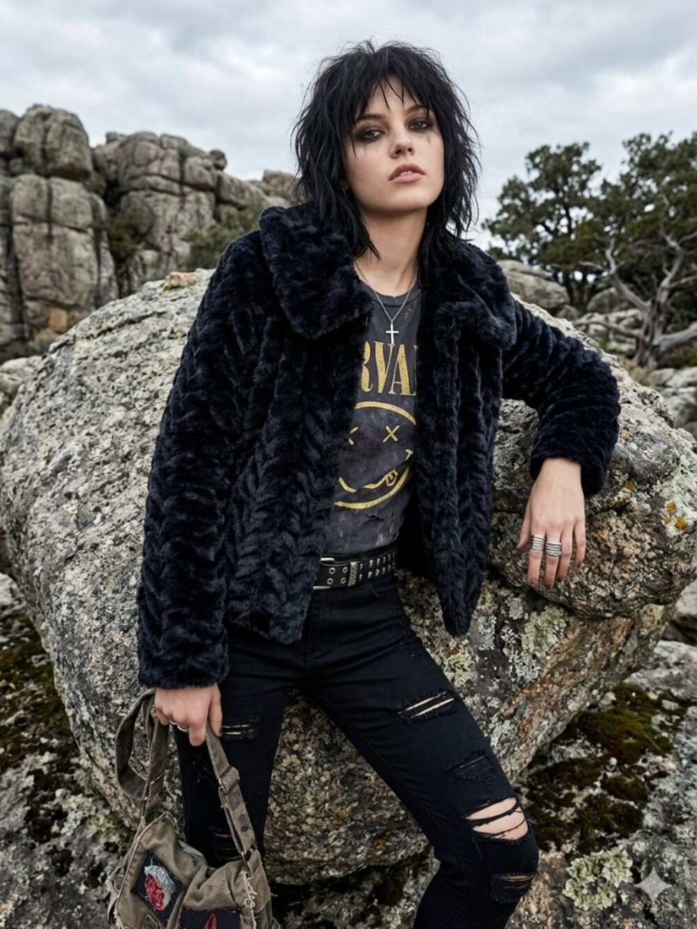 FEVER Black Lamb Faux Fur Crop Swing Teddy Coat Jacket Eye & Hook Closure XL